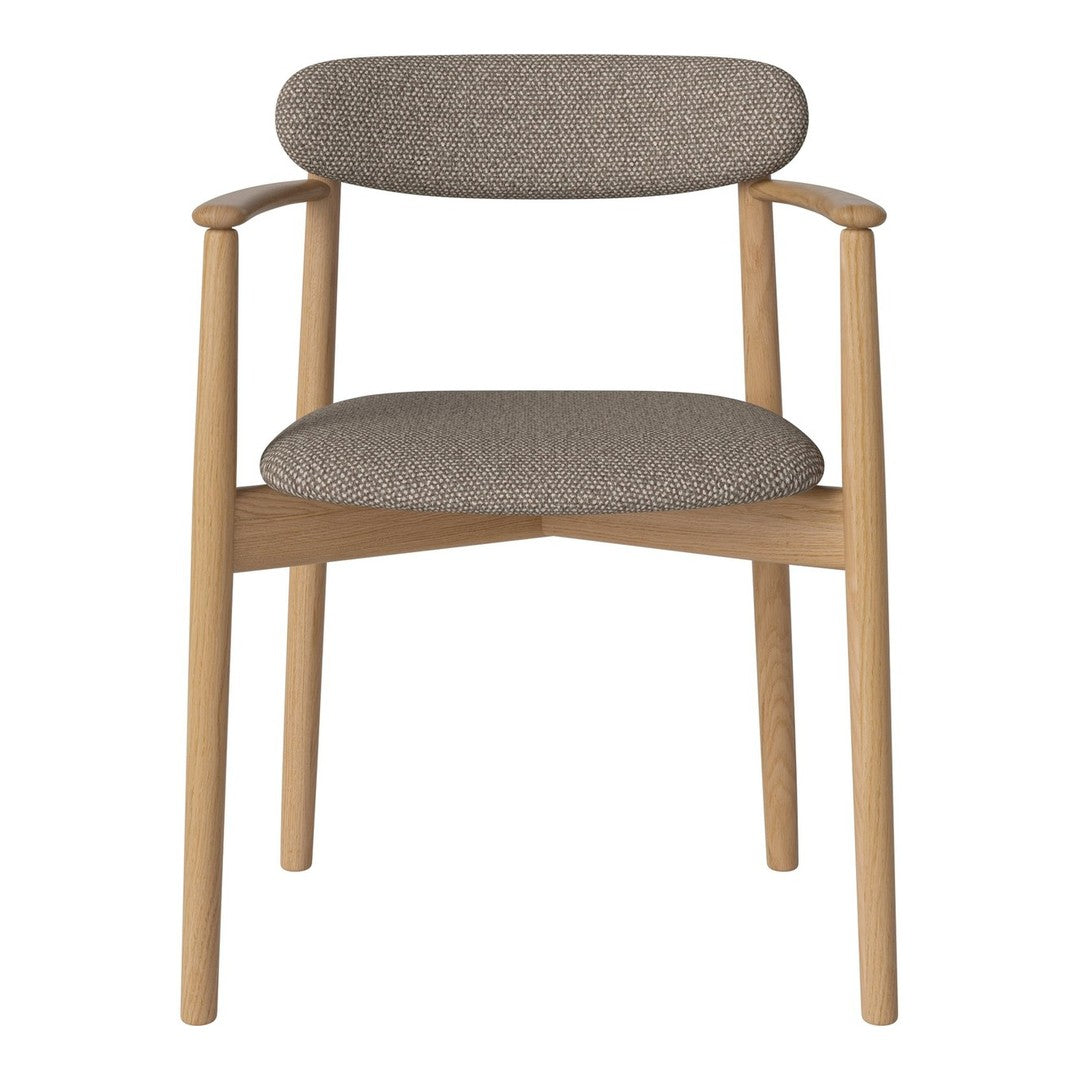 Modern chair with a soft gray fabric seat and backrest, contrasted by natural wood legs and frame.