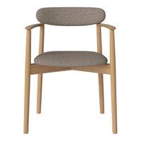 Modern chair with a soft gray fabric seat and backrest, contrasted by natural wood legs and frame.