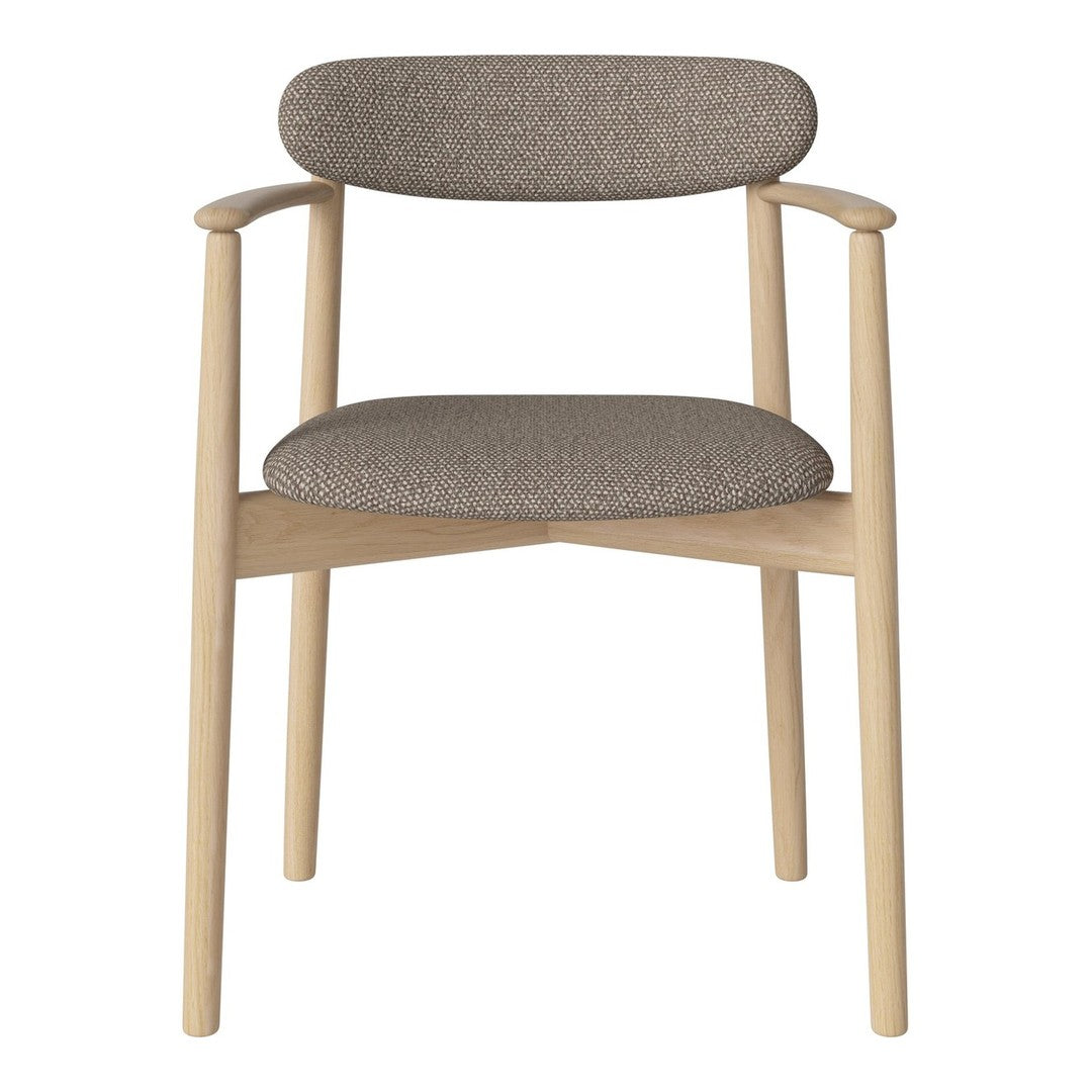 Light wood chair with a textured gray fabric seat and backrest, showcasing a minimalist design. Perfect for modern decor.