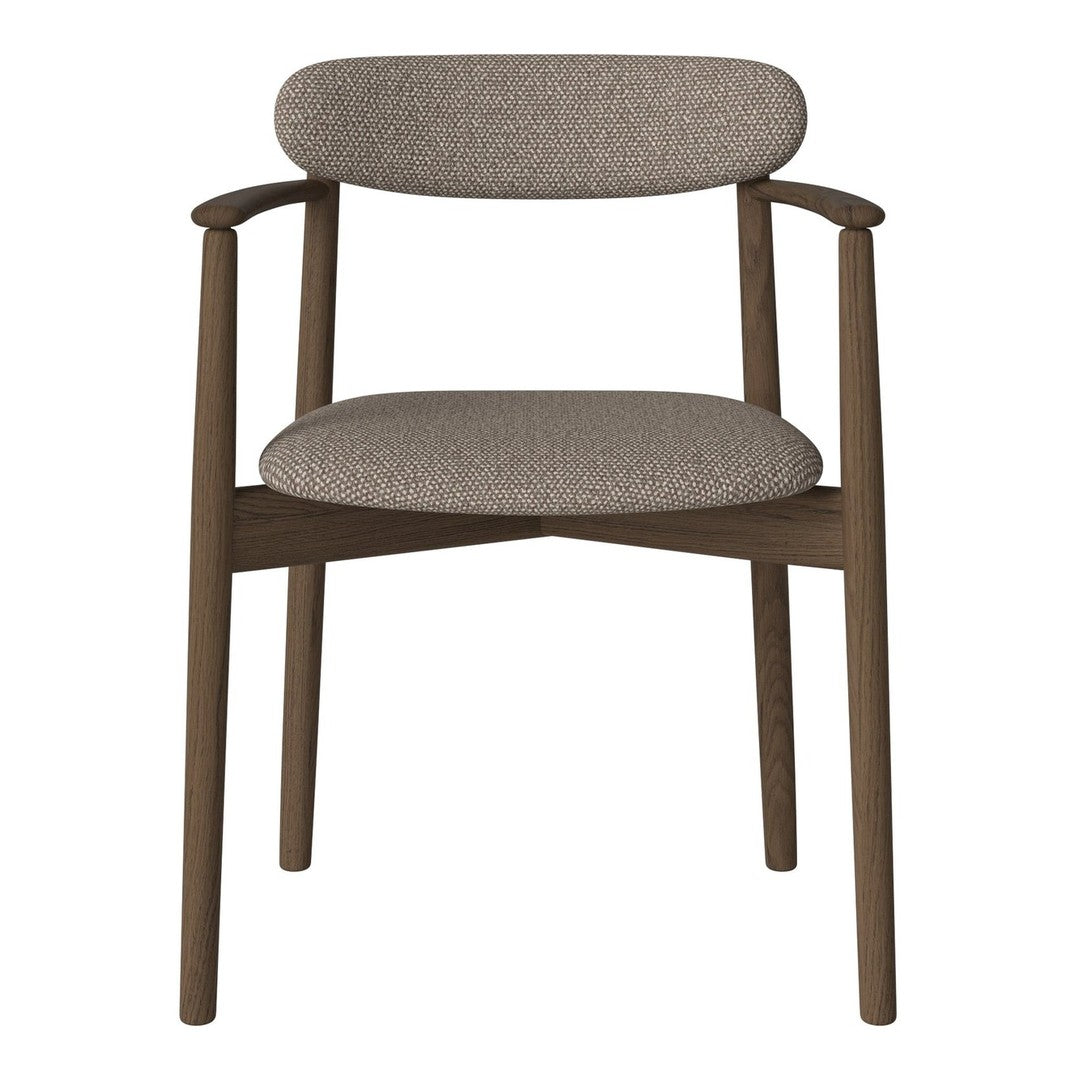 Brown wooden chair with textured, light brown upholstery and a minimalist design.