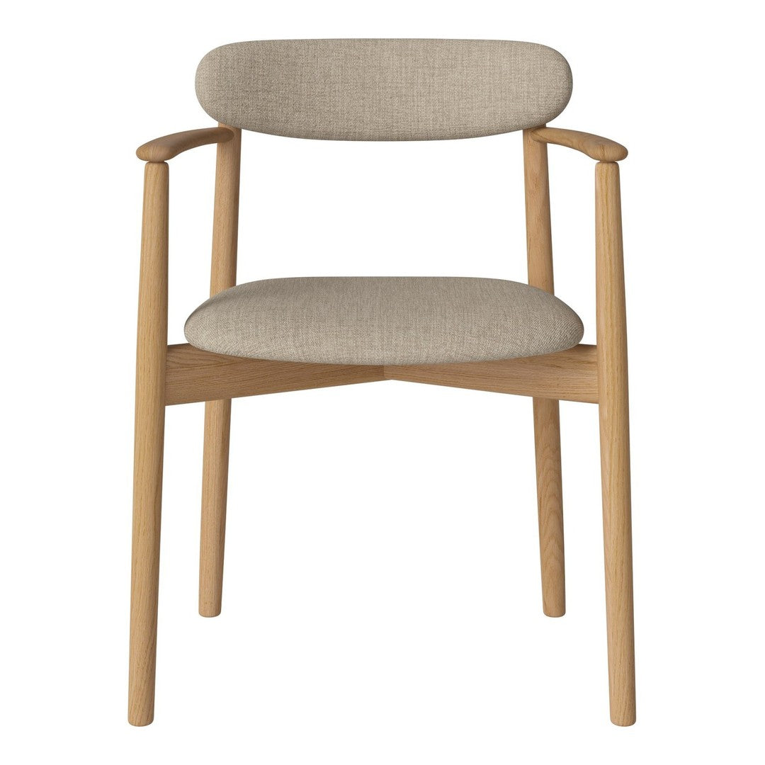 Light beige upholstered chair with a natural wood frame and minimalist design, featuring a simple, elegant pattern.