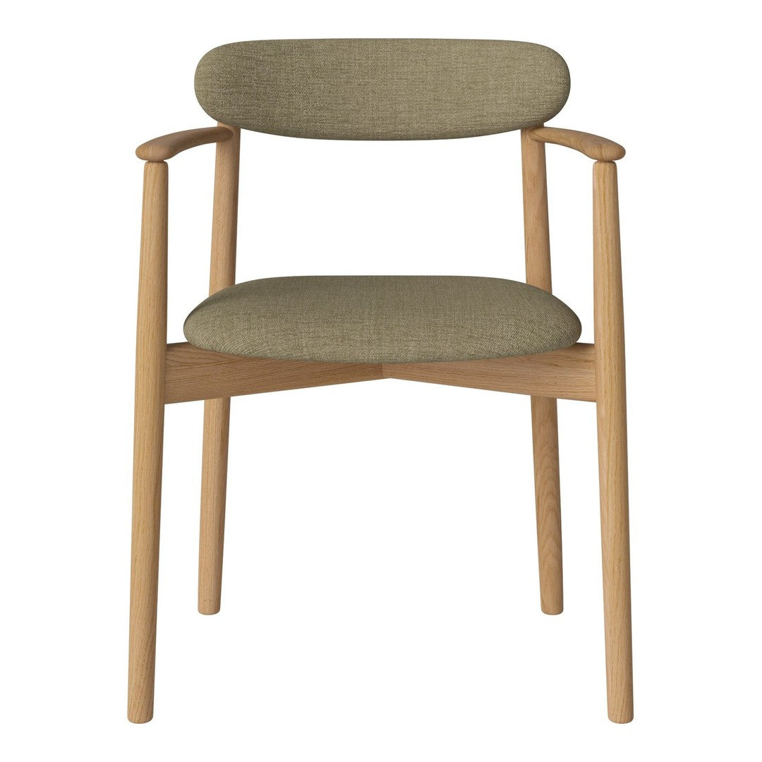 Olive green fabric seat and backrest, natural wood frame, minimalistic design, perfect for modern decor.