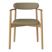 Olive green fabric seat and backrest, natural wood frame, minimalistic design, perfect for modern decor.