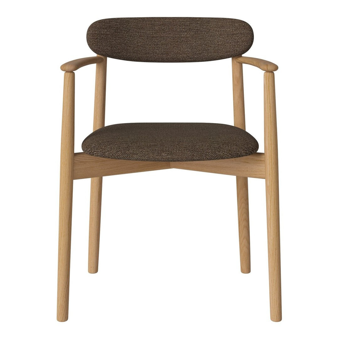 "Brown fabric upholstered chair with natural wood legs and simple, modern design."
