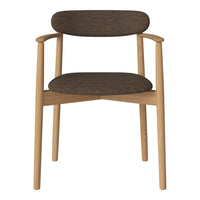 "Brown fabric upholstered chair with natural wood legs and simple, modern design."