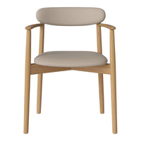 Light beige upholstered chair with natural wood arms and legs, featuring a minimalist design and clean lines.
