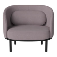 Modern lavender chair with a round back, plush cushion, and sleek black metal legs. Perfect for contemporary decor.