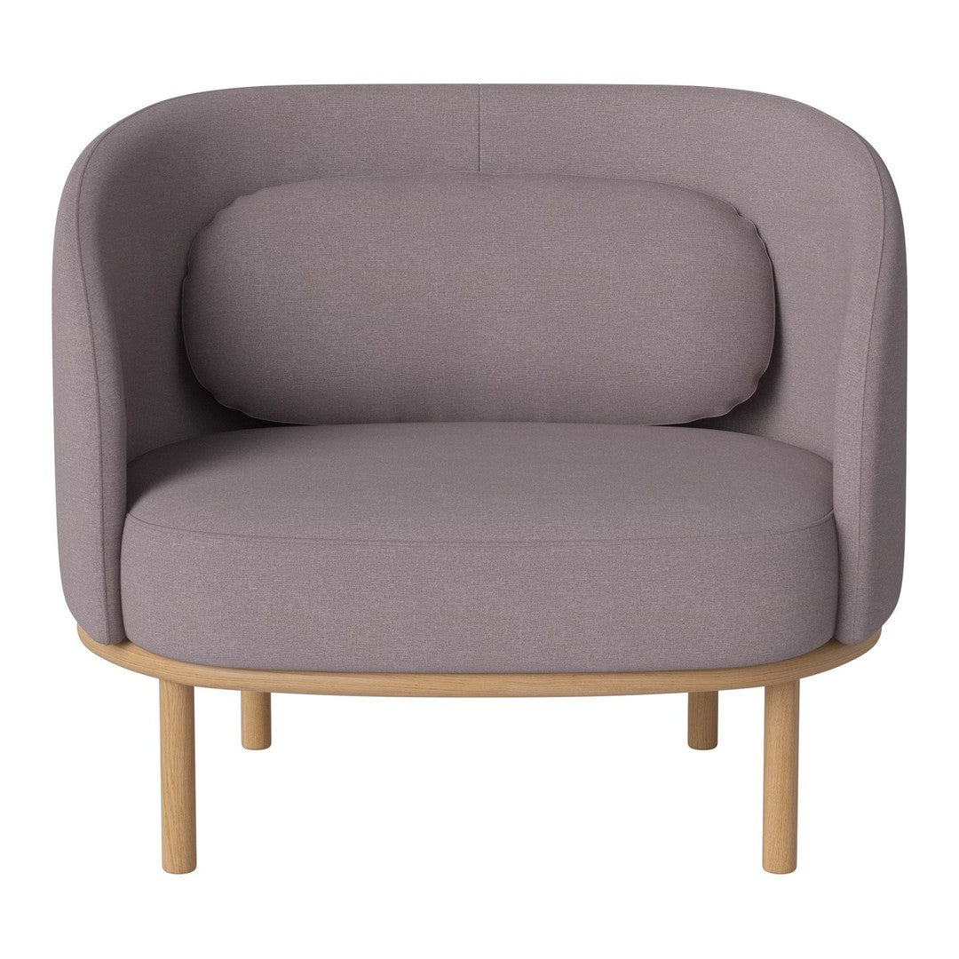Modern purple armchair with round shape and smooth fabric, featuring light wooden legs for a stylish accent.