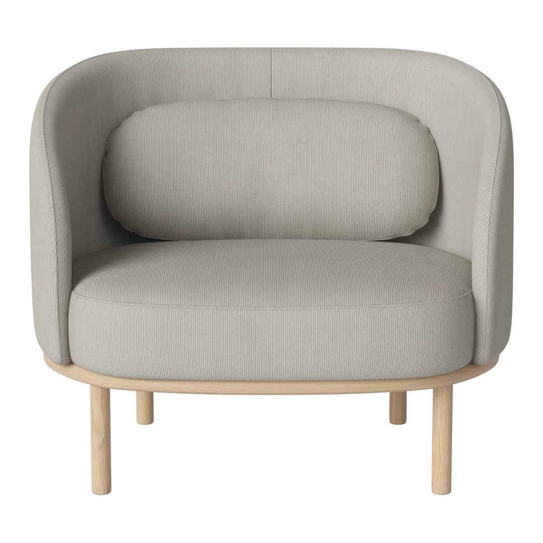 Gray upholstered armchair with a rounded design and wooden legs, featuring a smooth, minimalist finish.