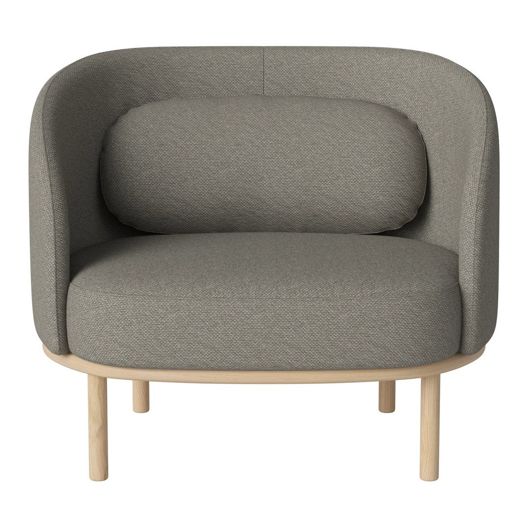 Light gray upholstered chair with a smooth texture and rounded shape, featuring a natural wood base.