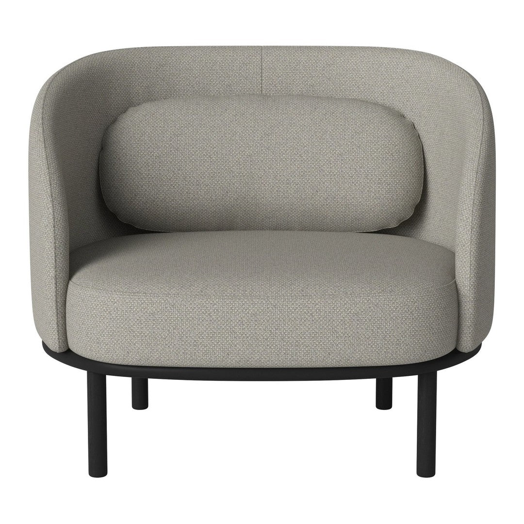 Light gray upholstered chair with a modern curved design and black metal legs, offering a sleek, minimalist look.