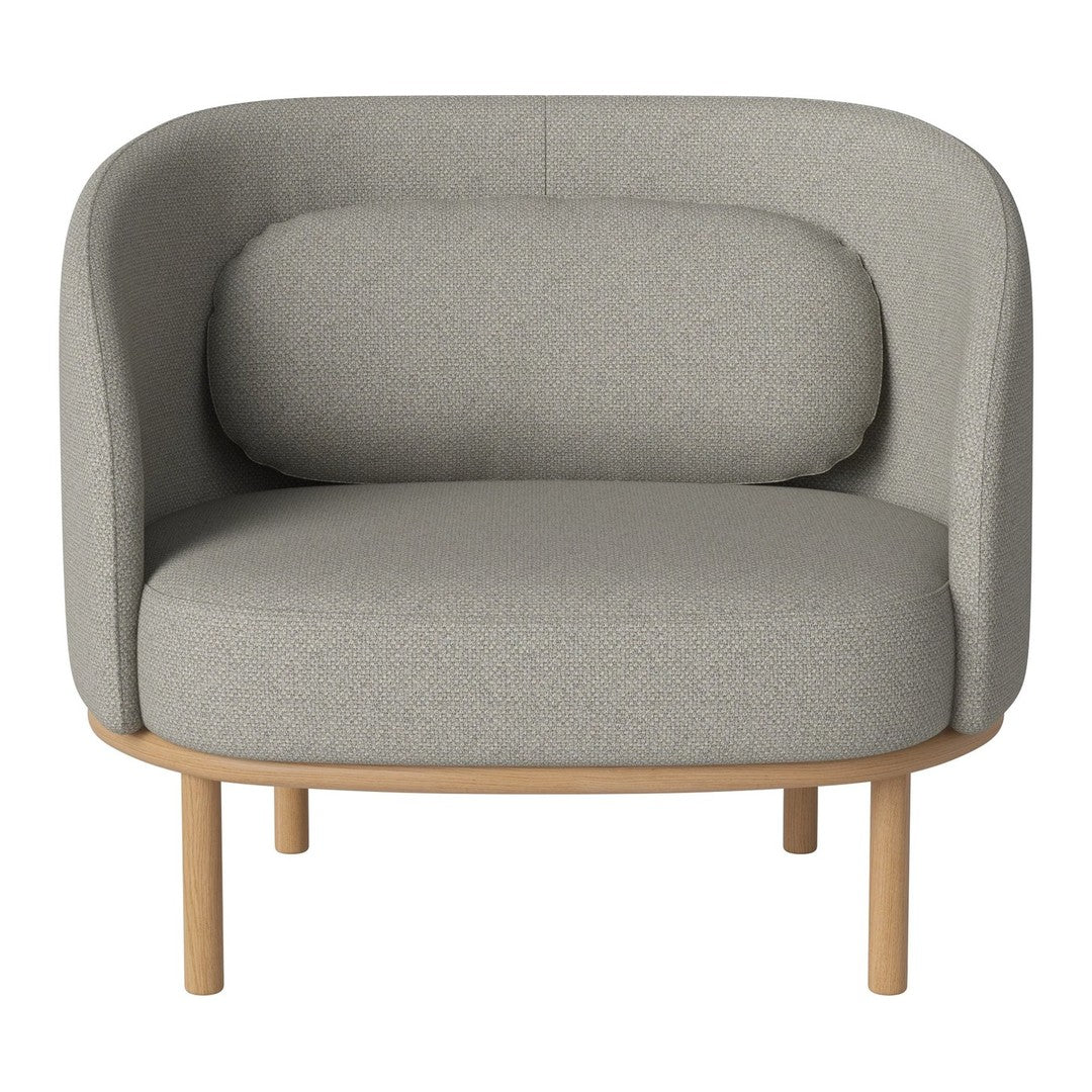 Light gray upholstered chair with a rounded back and natural wood legs, featuring a smooth, minimalist design.