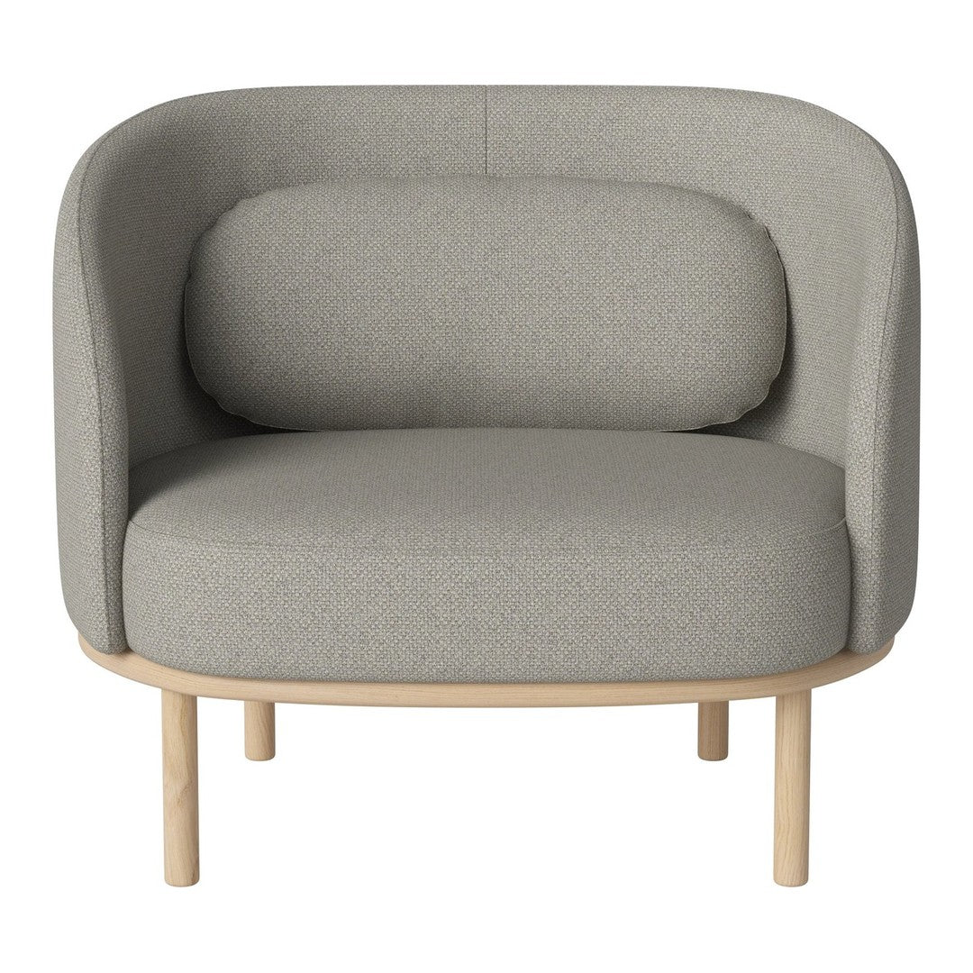 Light gray upholstered chair with a rounded design and a natural wood base, perfect for modern decor.