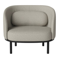 Light gray upholstered chair with a rounded back, featuring a simple black metal frame and no distinctive patterns.