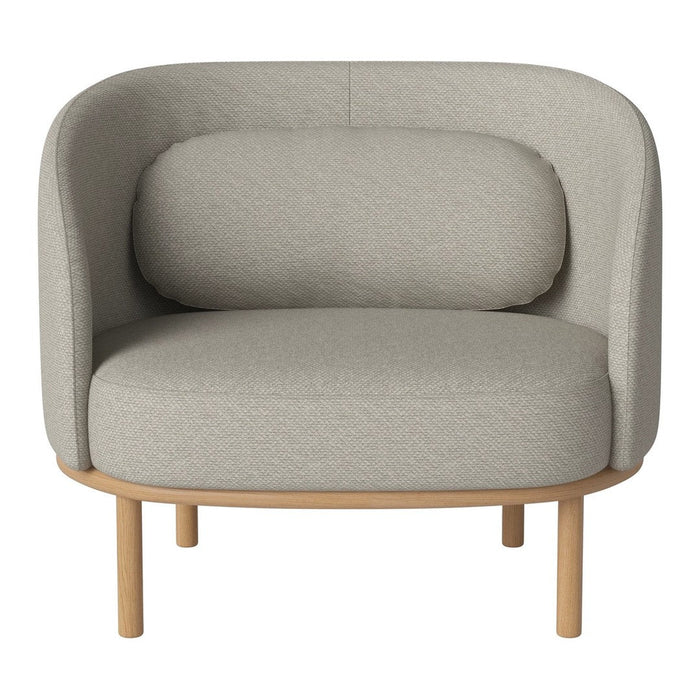 Gray upholstered armchair with rounded back, subtle texture, and light wooden legs, perfect for modern decor.
