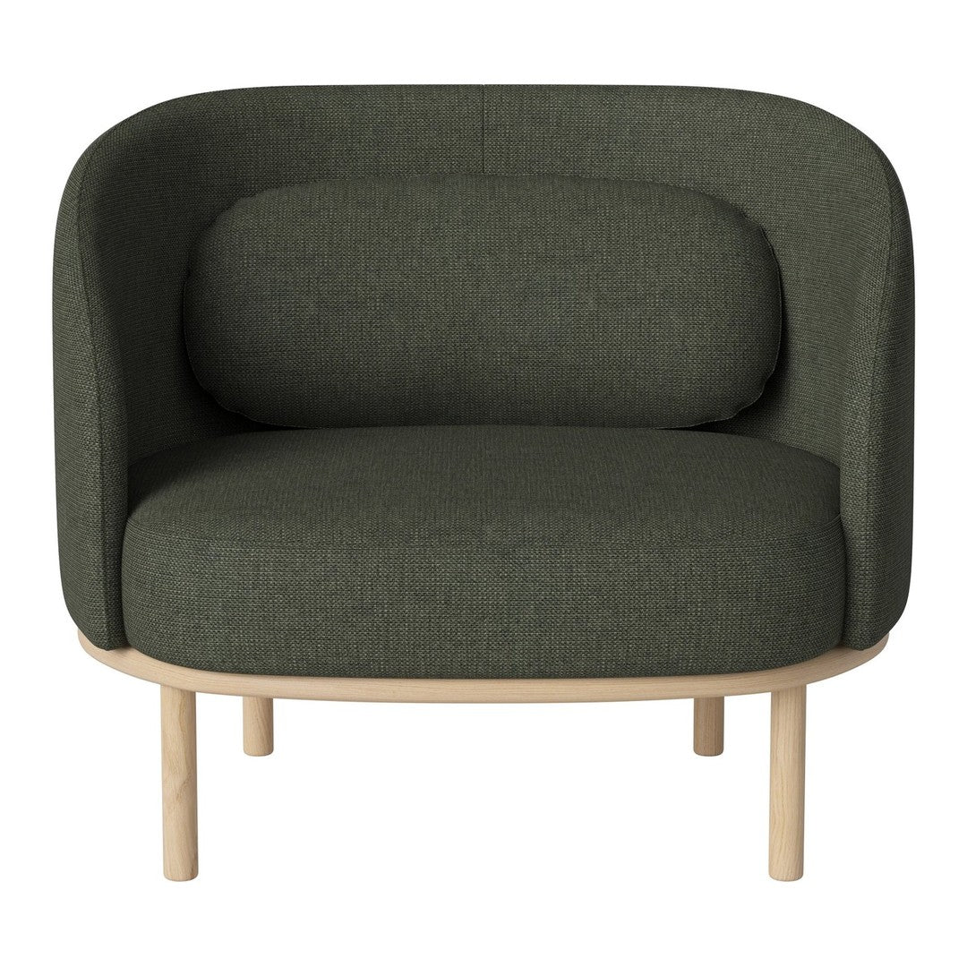 Green textured fabric chair with a rounded design and wooden legs, perfect for modern interior decor.