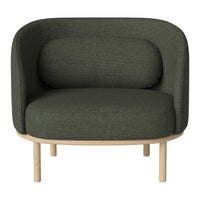 Green textured fabric chair with a rounded design and wooden legs, perfect for modern interior decor.