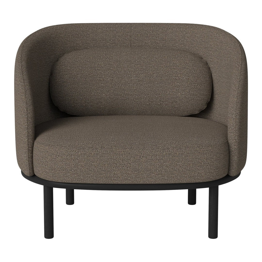 Brown upholstered chair with a sleek black metal frame and smooth, rounded contours. Modern minimalist design.