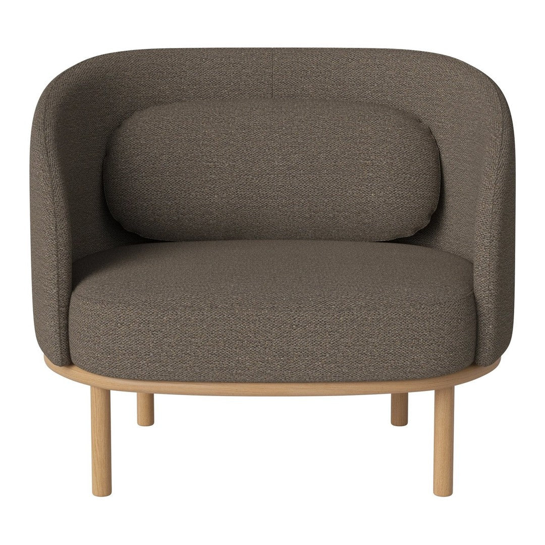 Grey fabric armchair with a soft, rounded shape and light wood legs, perfect for modern decor.