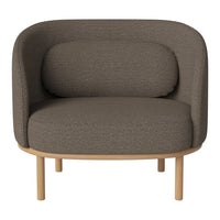 Grey fabric armchair with a soft, rounded shape and light wood legs, perfect for modern decor.