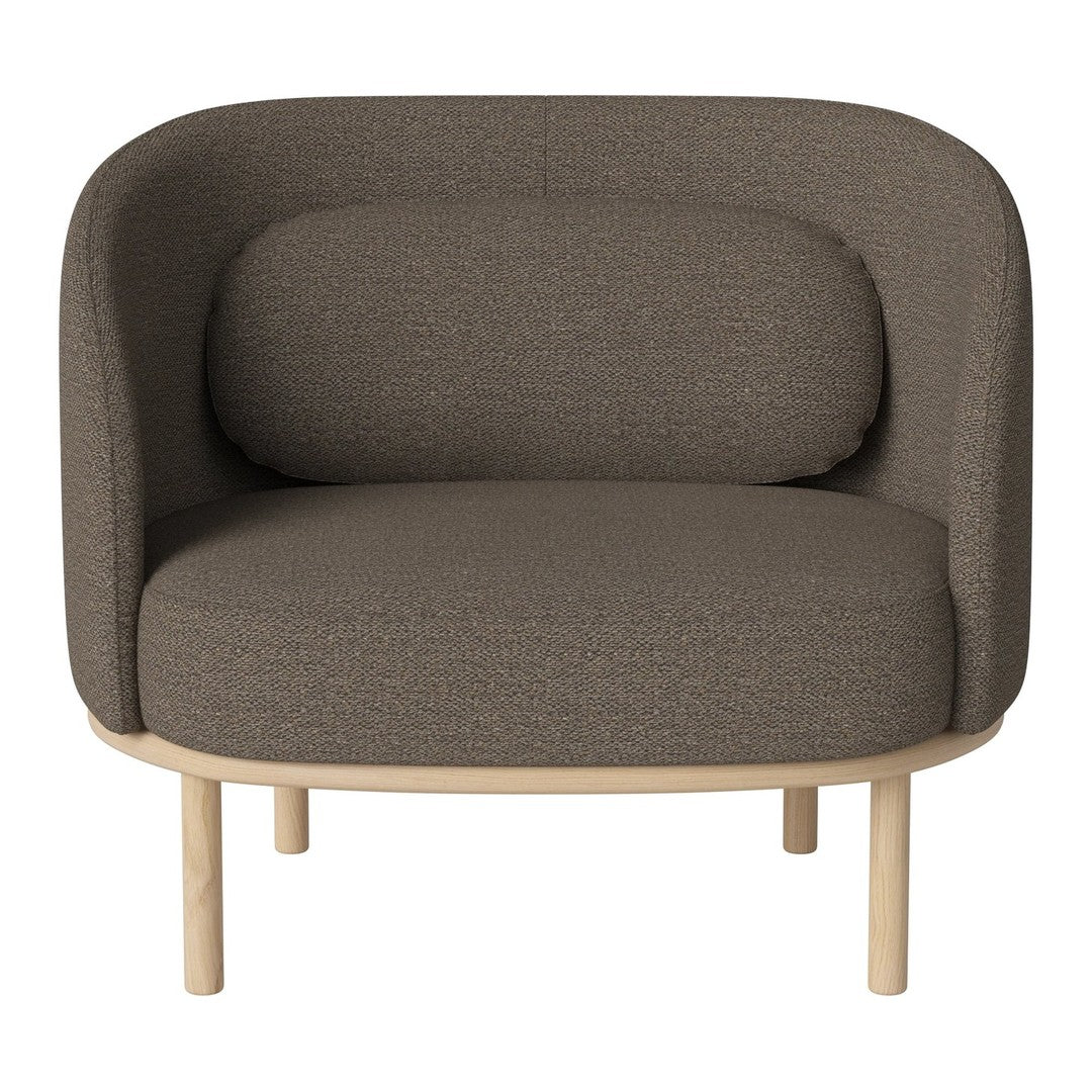"Cozy brown chair with smooth fabric and curved design, complemented by light wooden legs."
