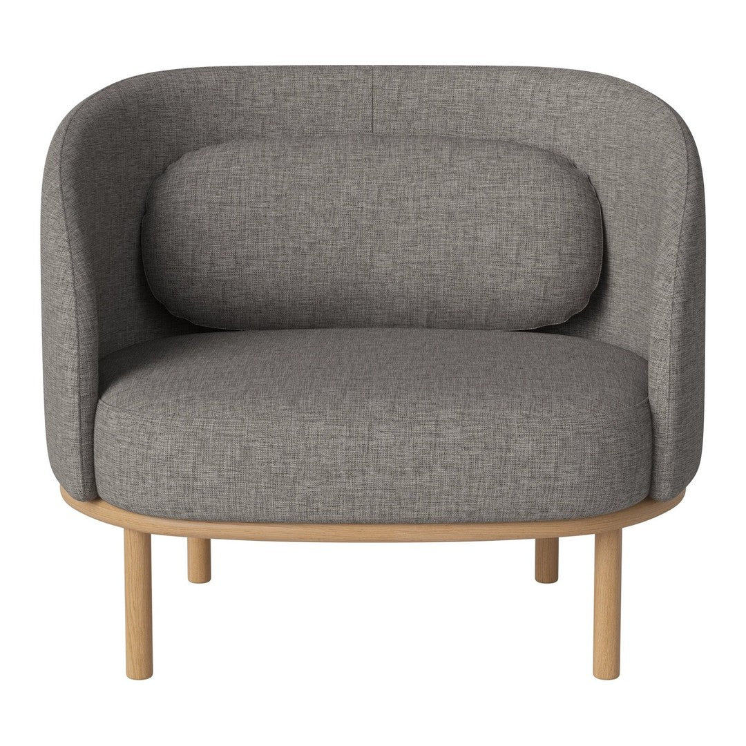 Stylish grey upholstered chair with rounded back and beige wooden legs, featuring a soft, textured fabric pattern.