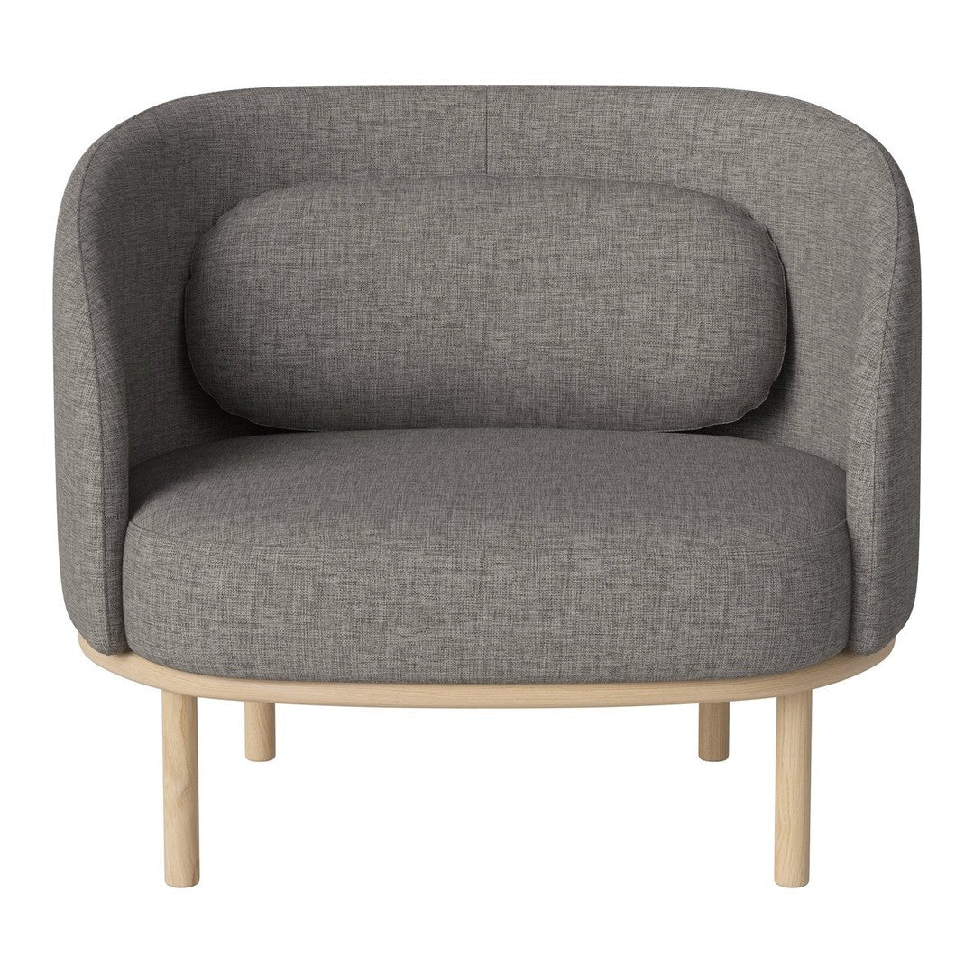 Gray upholstered chair with a rounded back, featuring a textured fabric and light wooden legs.