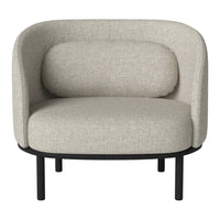 Beige upholstered chair with curved back and soft cushion, featuring a minimalist black metal frame.