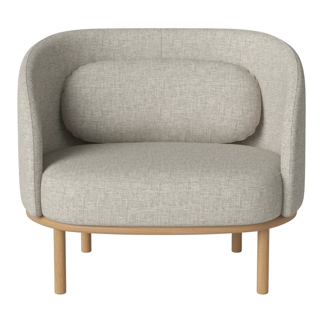 Light gray fabric armchair with a soft rounded back and natural wooden legs, featuring a minimalist design.