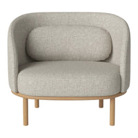 Light gray fabric armchair with a soft rounded back and natural wooden legs, featuring a minimalist design.