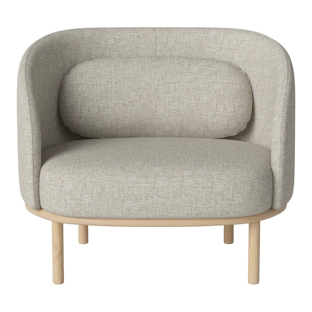 Light gray upholstered chair with a minimalist design and natural wood legs, featuring soft, curved lines.