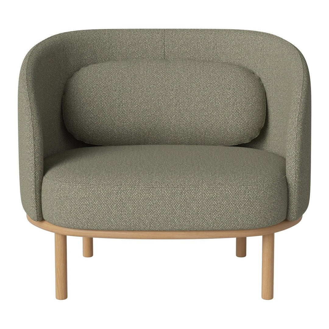 Olive green upholstered chair with a smooth fabric texture, rounded shape, and natural wood legs. Modern design.