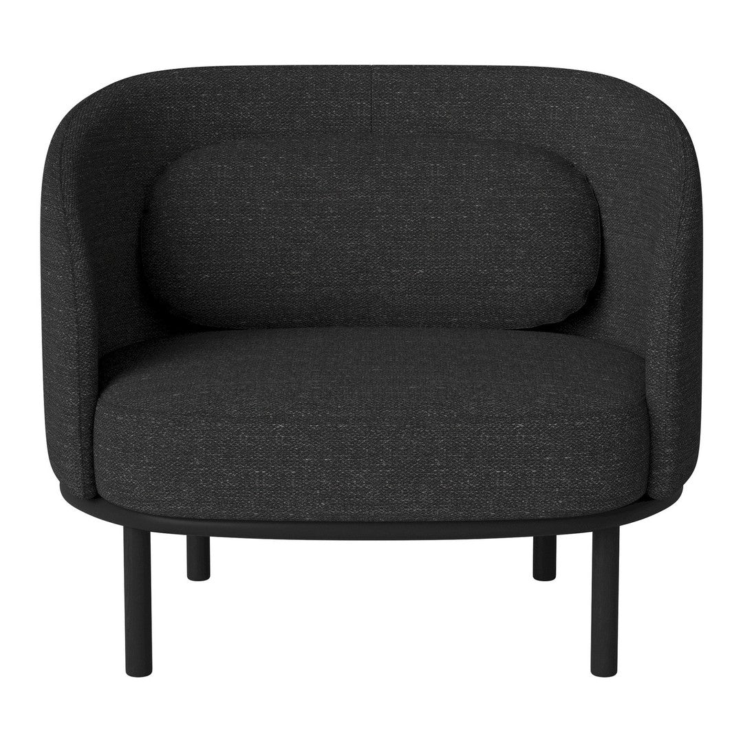Modern black armchair with a textured fabric and smooth, rounded silhouette on a minimalist metal frame.