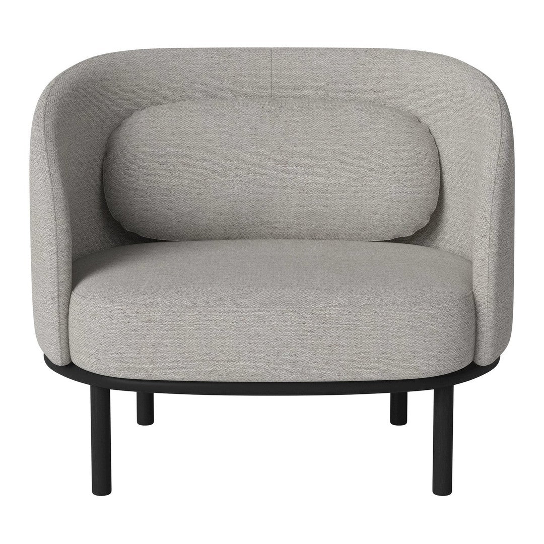 Gray upholstered armchair with a smooth texture, featuring rounded backrest and minimalist black metal legs.