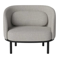Gray upholstered armchair with a smooth texture, featuring rounded backrest and minimalist black metal legs.