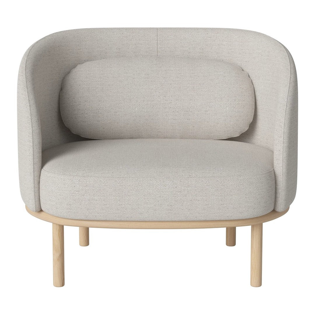 Light gray upholstered chair with smooth, curved lines and a natural wooden base. Minimalist and modern design.