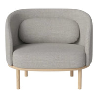 Gray upholstered armchair with a rounded shape and subtle texture, featuring a light wood base.