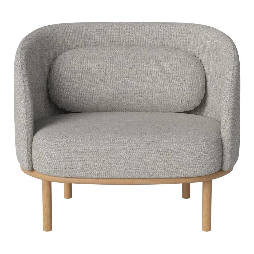 Light gray upholstered chair with a minimalist design, featuring a rounded back and wooden legs.