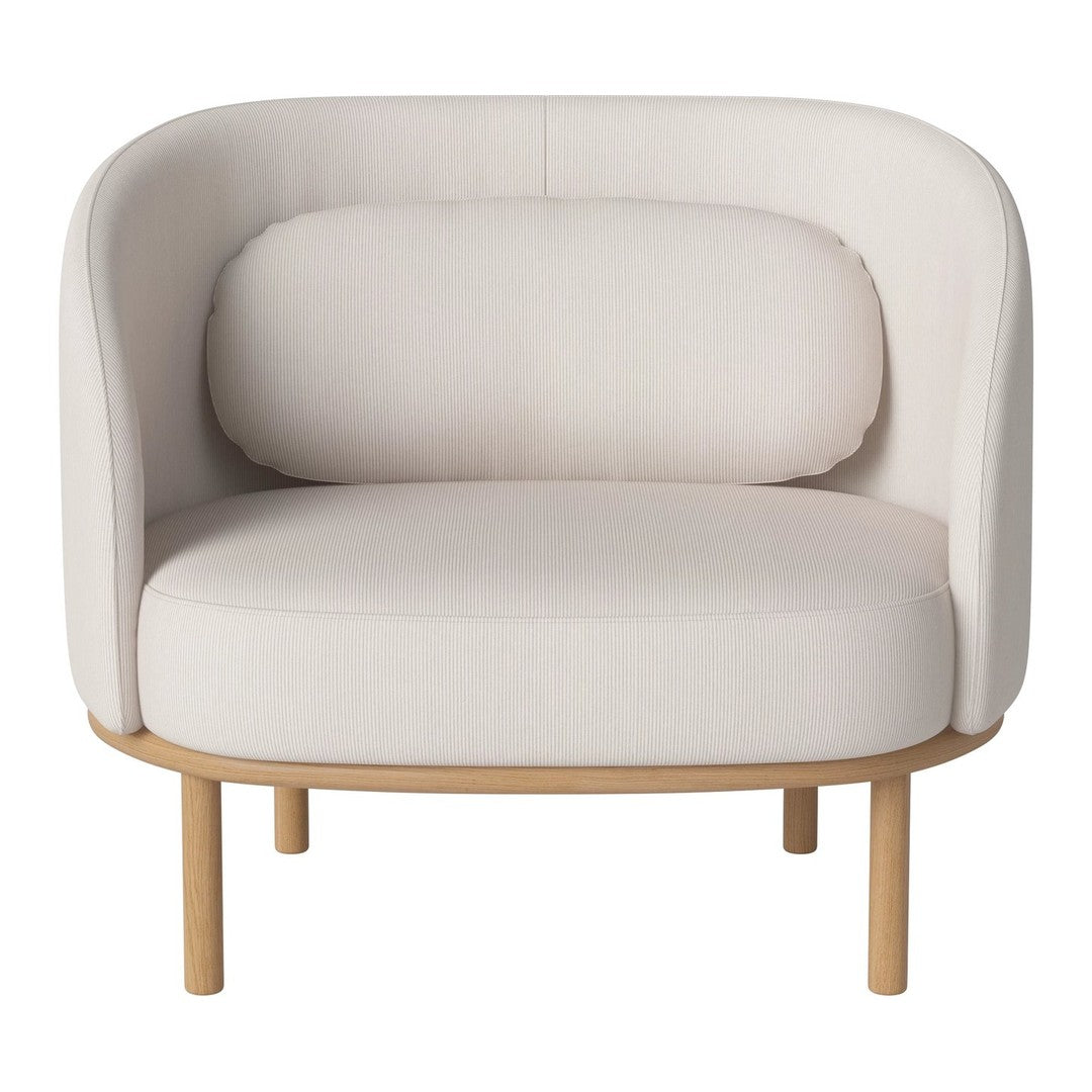 Light beige upholstered chair with a rounded backrest and wooden legs, featuring a minimalist, modern design.