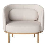Light beige upholstered chair with a rounded backrest and wooden legs, featuring a minimalist, modern design.