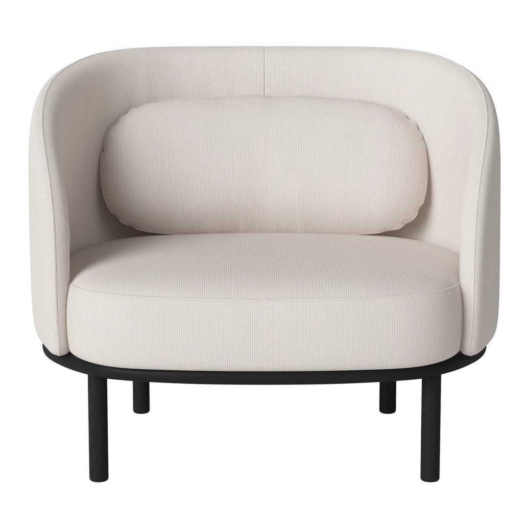 Cream-colored upholstered chair with a curved back and black metal legs, featuring a minimalist design.