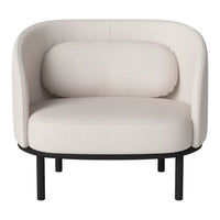 Cream-colored upholstered chair with a curved back and black metal legs, featuring a minimalist design.