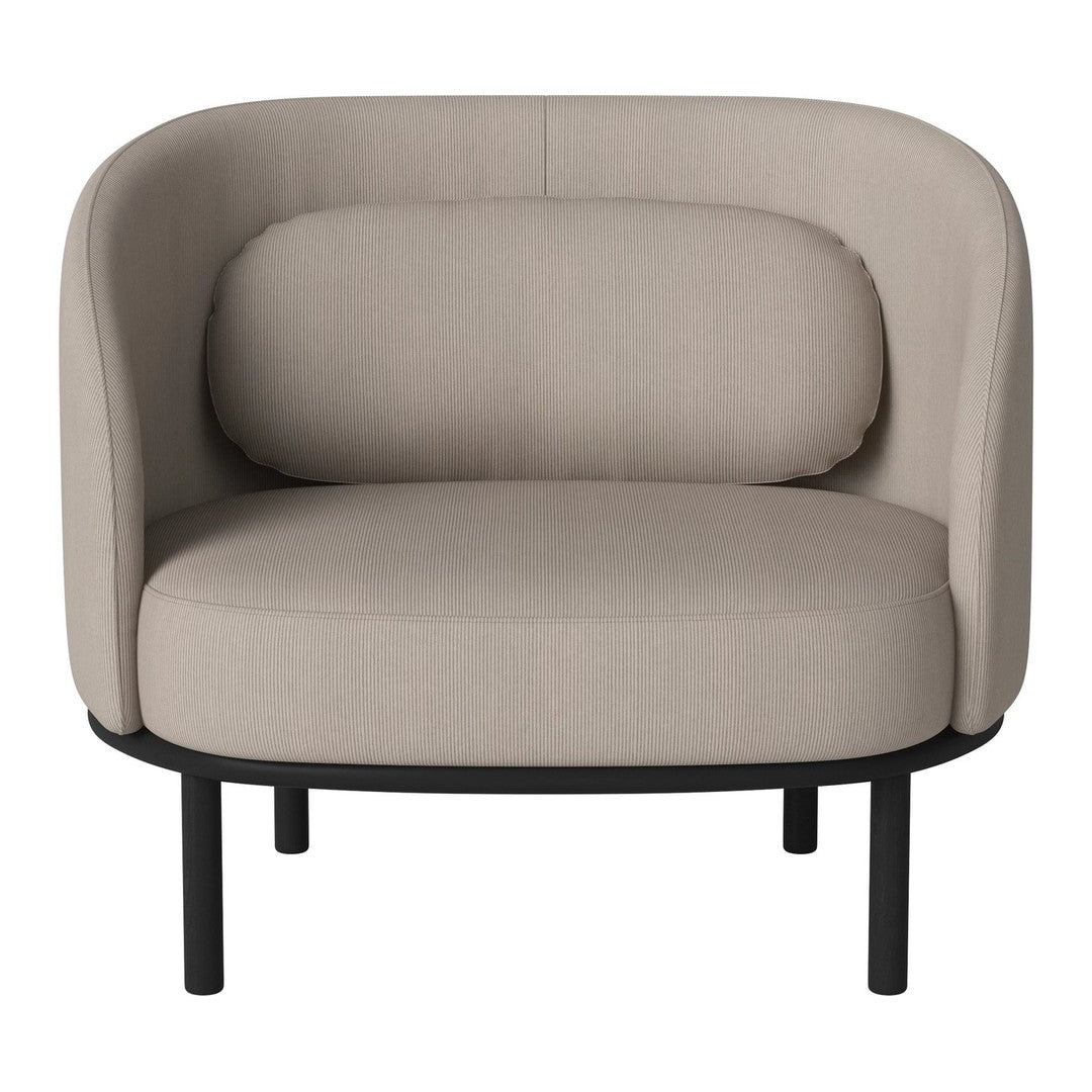 Beige upholstered armchair with a rounded back and black metal legs, featuring a smooth, minimalist design.