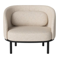 Beige upholstered chair with curved design and subtle speckled pattern, featuring black metal legs.
