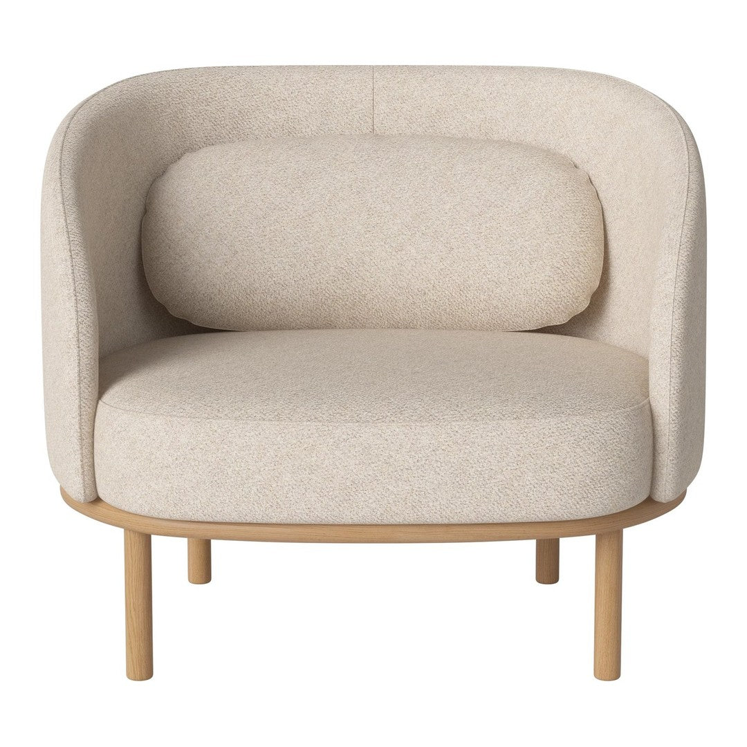 Cozy beige armchair with smooth fabric and round cushion, featuring a minimalist design and light wood legs.