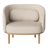 Cozy beige armchair with smooth fabric and round cushion, featuring a minimalist design and light wood legs.