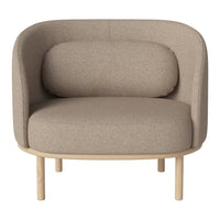 Beige upholstered accent chair with a rounded back, soft textures, and natural wooden legs. Modern and minimalist design.