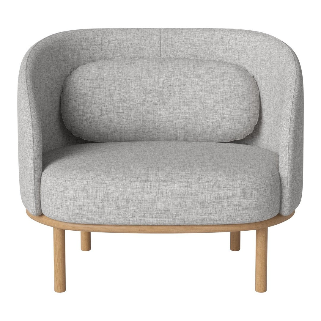 Light gray upholstered chair with a rounded back and wooden legs, featuring a smooth, minimalist design.