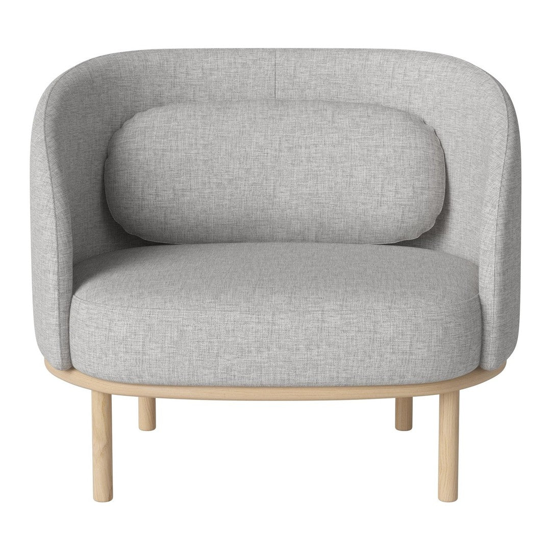 Light grey upholstered chair with a rounded back and wood legs, featuring a smooth texture and minimalist design.