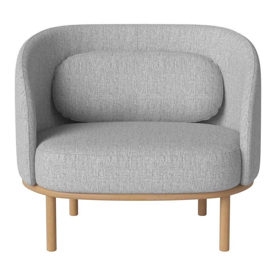 Light gray textured upholstery armchair with rounded back and wooden legs. Modern and minimalist design.